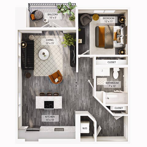 Floor plan for 1 bed, 1 bath, 910 sqft